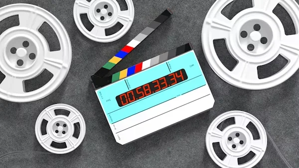 Film reels and a digital clapperboard displaying timecode, symbolizing testimonial video length