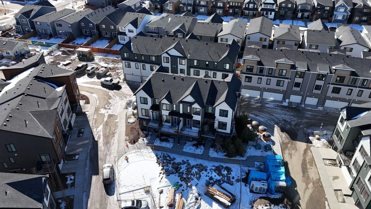 Aerial view of the Packwood Grand development in Calgary