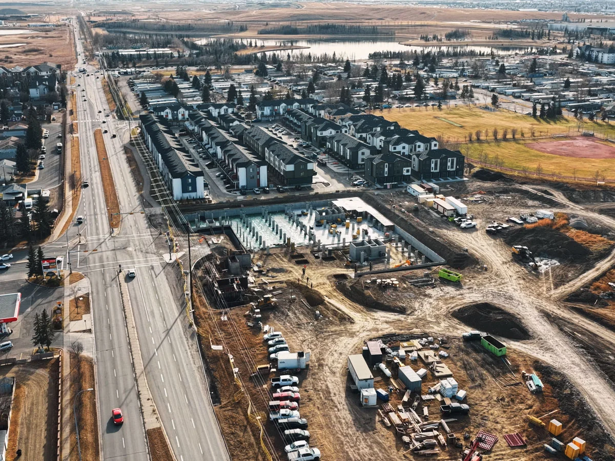 Aerial view of a Calgary construction site filmed by drone